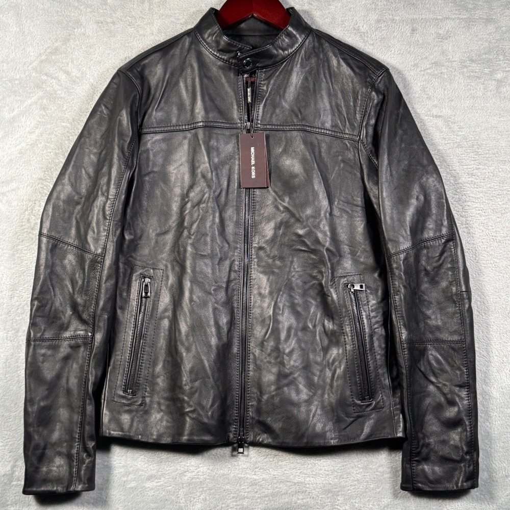 Michael Kors Leather Jacket Mens S Black Lamb Leather Moto Zip Racer $398
